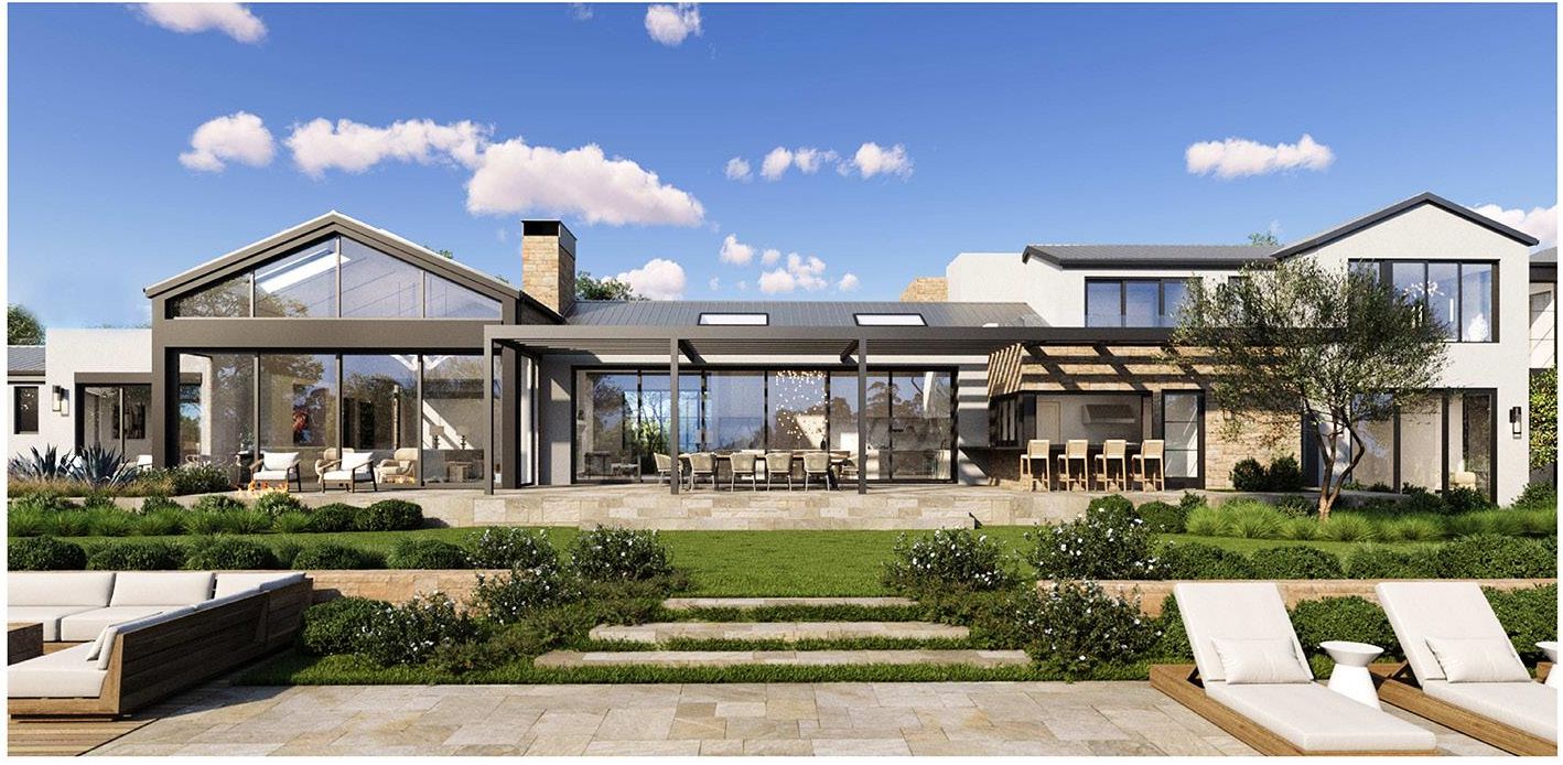 Hope Ranch Residence — rear elevation with stone, glass, and gabled forms